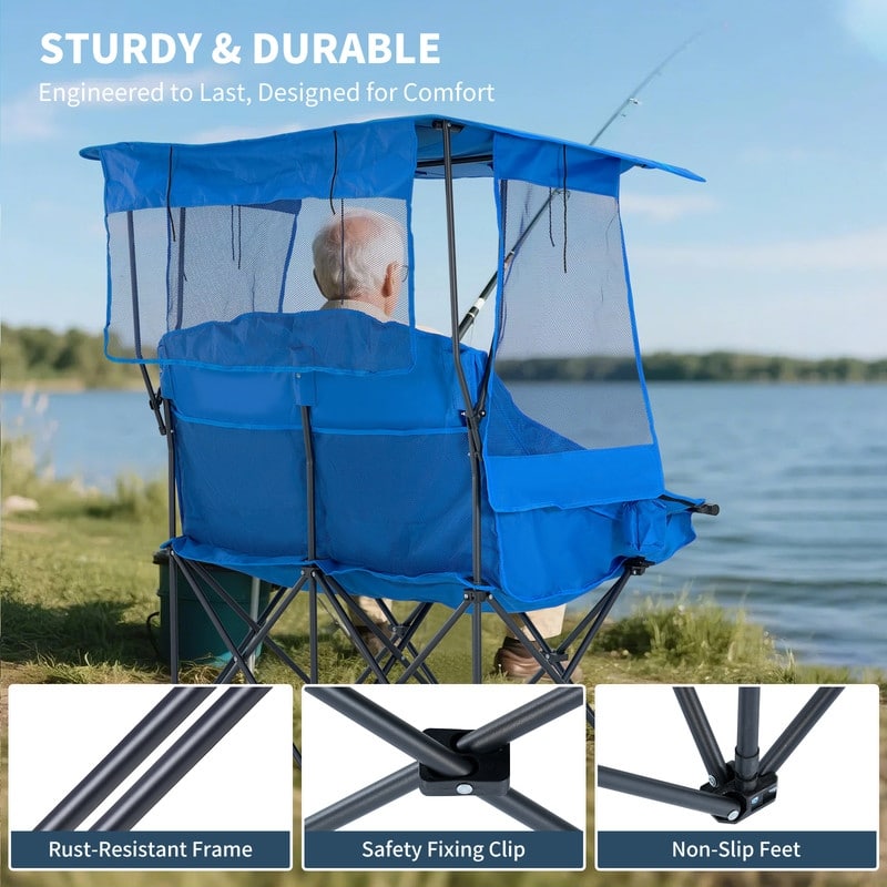 Double Beach Chair with Canopy Shade, Cup Holder and Side Pocket