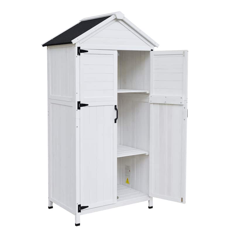 Roomfitters 67 Inch White Fir Wood Outdoor Storage Shed with Double Doors, Waterproof Roof