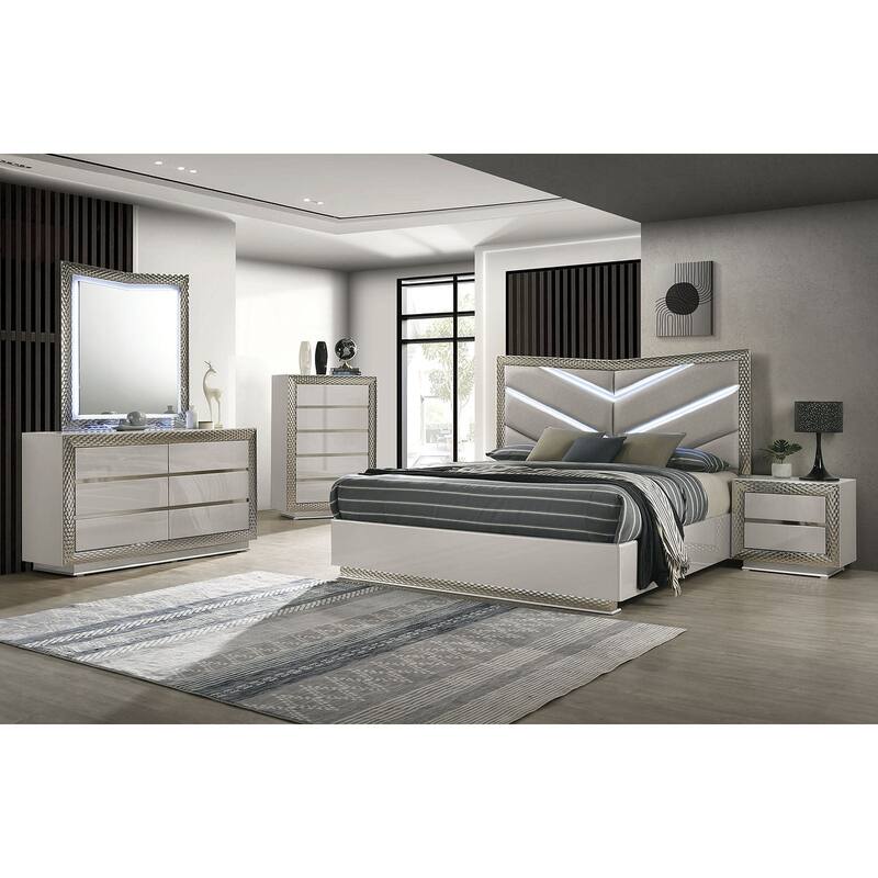 Glam Gray Finish Bedroom Furniture Set with LED Headboard and Mirror