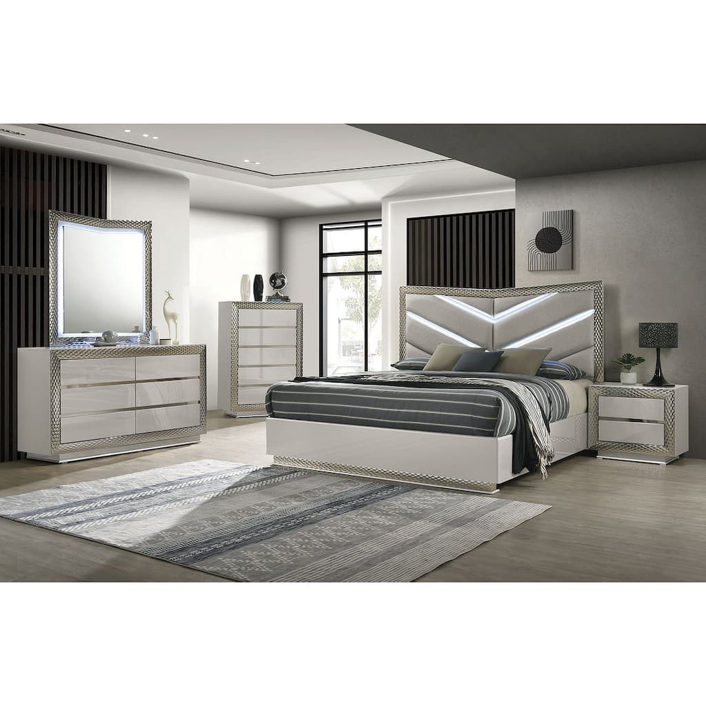 Glam Gray Finish Bedroom Furniture Set with LED Headboard and Mirror