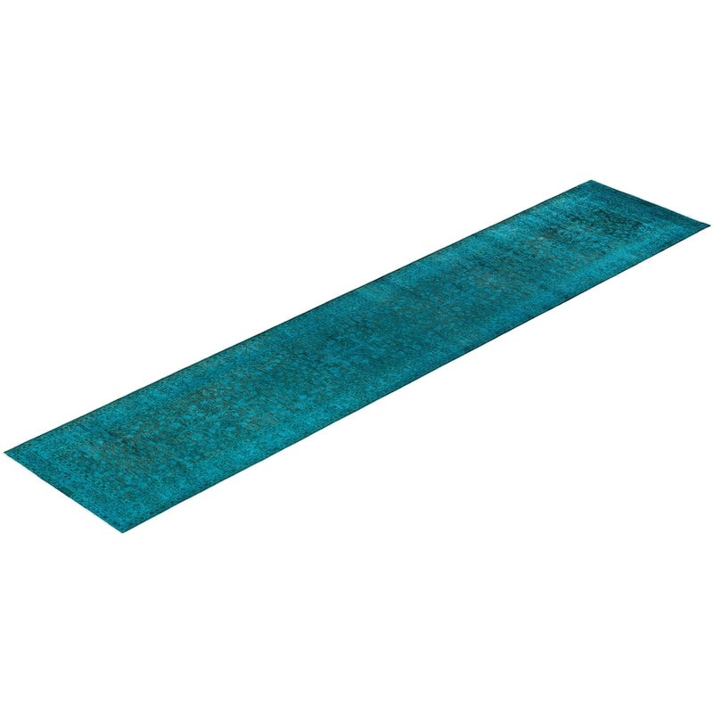 Overton Hand Knotted Wool Vintage Inspired Modern Contemporary Overdyed Blue Runner Rug - 3' 2" x 15' 1"