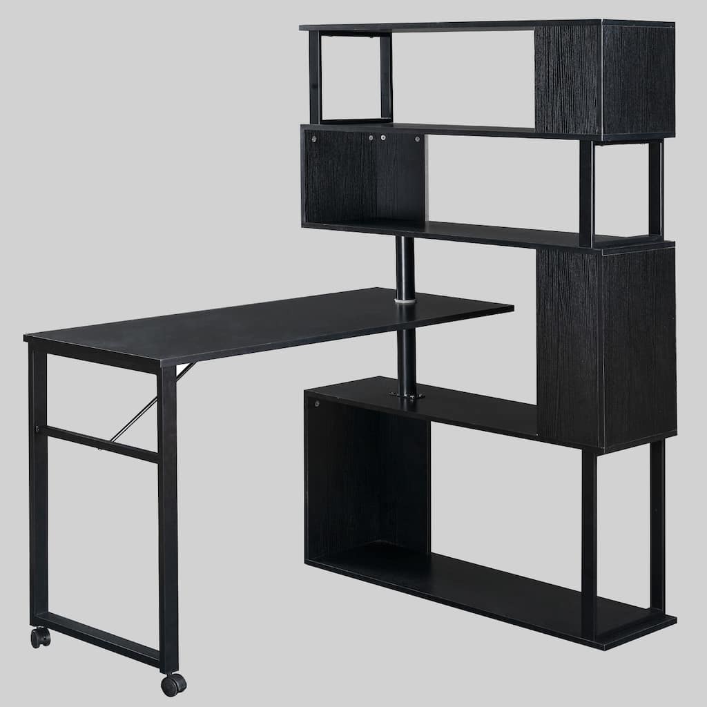 Corner Computer Desk with Bookshelves, Rotating L-Shaped Office Table with 4 Installation Options, Durable MDF and Metal Frame