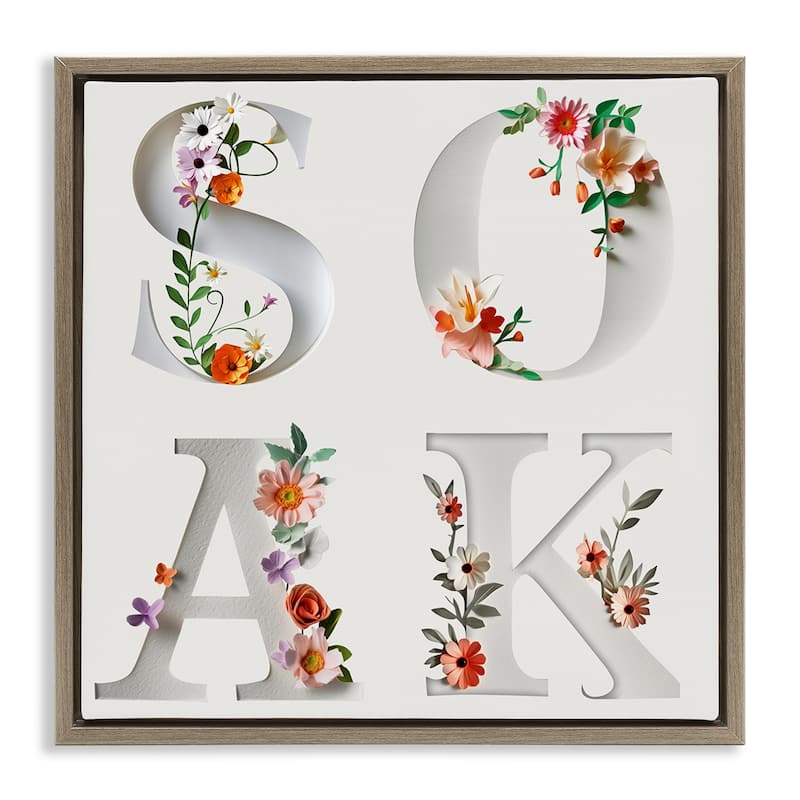Stupell Floral Bathroom Soak Letters Framed Floater Canvas Wall Art Design By Susan Arnot - 18 x 18 - Brown