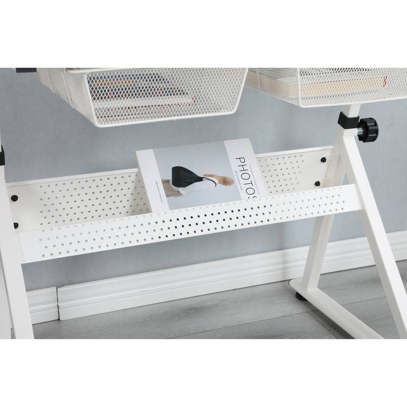 Modern Drafting Table with Adjustable Glass Surface and Storage, Includes Chair, Pen Holder, and Metal Drawers