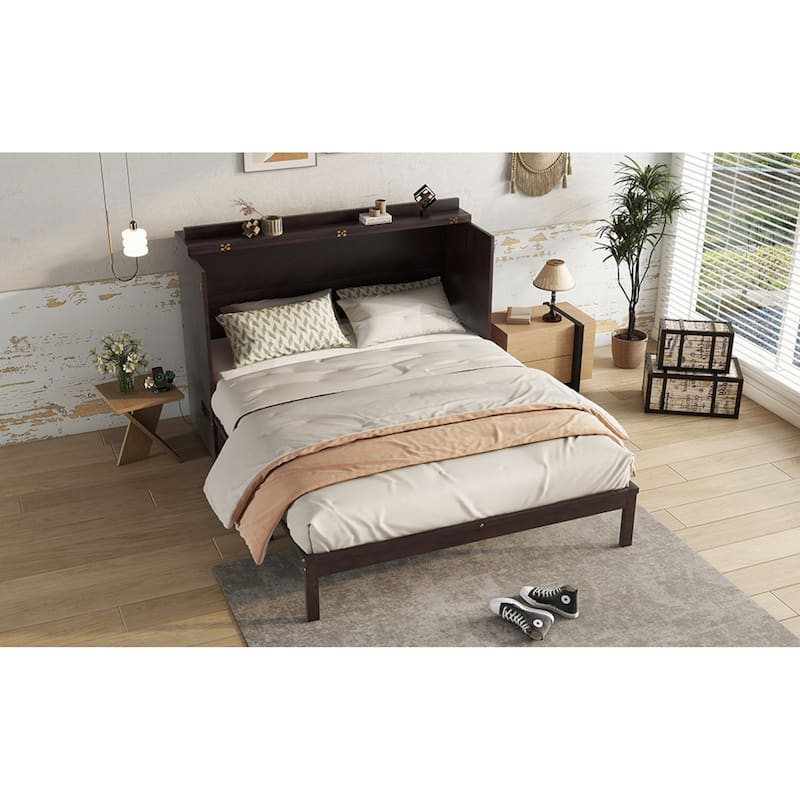 Roomfitters Queen Murphy Bed Cabinet, Pine Wood Fold-Down Bed with Power Station and Rattan Accent Panel