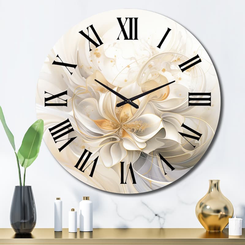 Designart "Dreamy White Digital Spring Flowers II" Fractals Oversized Wall Clock - 29 In. Wide x 29 In. High