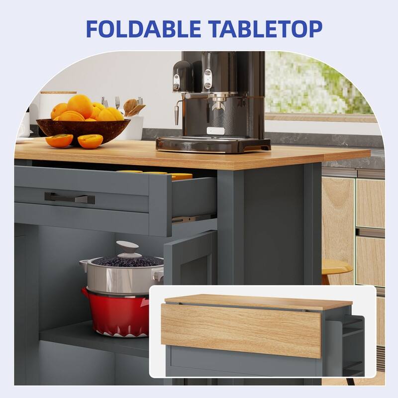 Moasis 50 Inch Drop Leaf Rolling Kitchen Island With Trash Can Storage Cabinet And Drawer