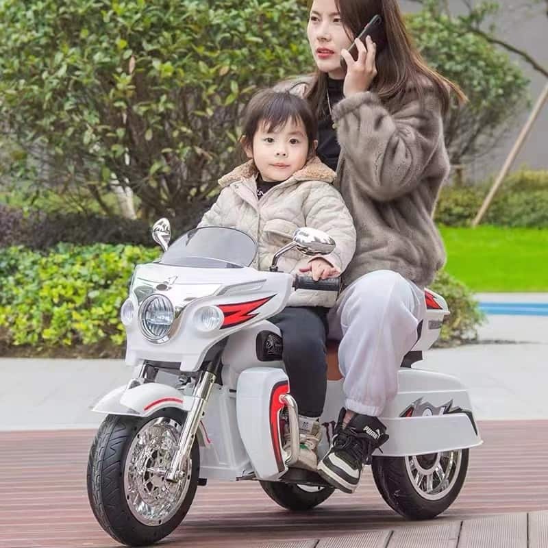 White Kids 3-Wheel Motorcycle with Dual Seats, Ride-On Motorcycle Electric Motorcycle with LED Headlight