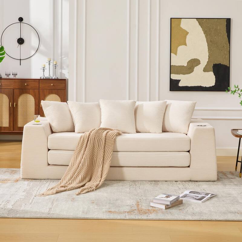 Modern Convertible Loveseat Sofa Bed, Corduroy Fabric Foldable Floor Couch w/5 Pillows, Side Pockets & Cup Holders, No Assembly - Beige