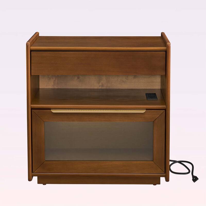 Mid Century Nightstand with Charging Station,2 Drawers,and Open Shelf,for Living Room and Dorm