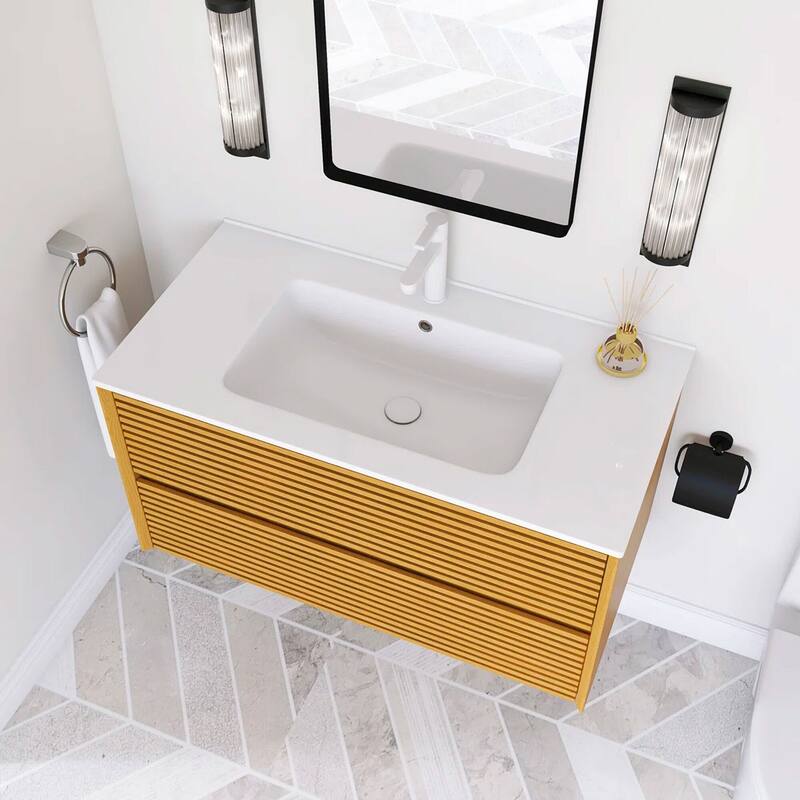 Wall-Mounted Bathroom Vanity with White Ceramic Sink