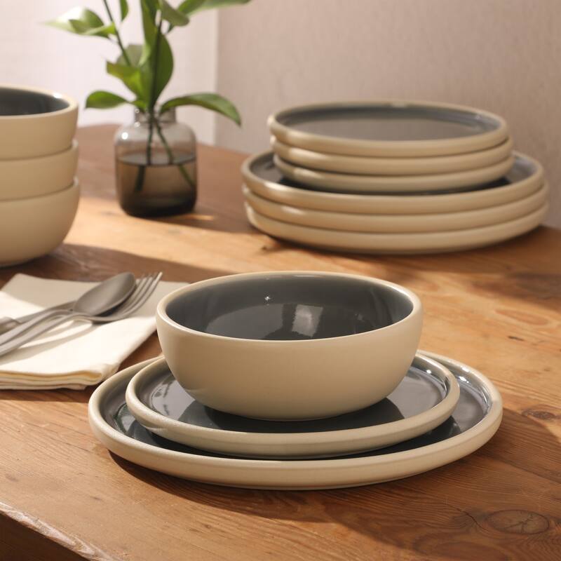Gibson Elite - Made in Portugal - Port Gaia 12 Piece (Service for 4) Reactive Glaze Dishes Stoneware Ceramic Dinnerware Set