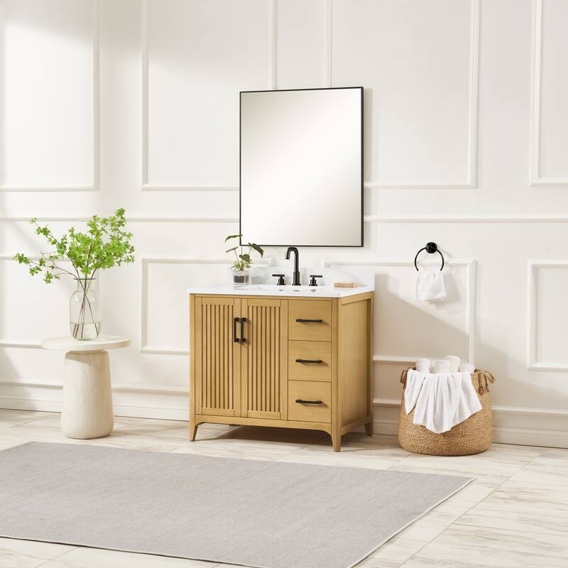 36" Solid Wood Bathroom Vanity with USB Charging Storage