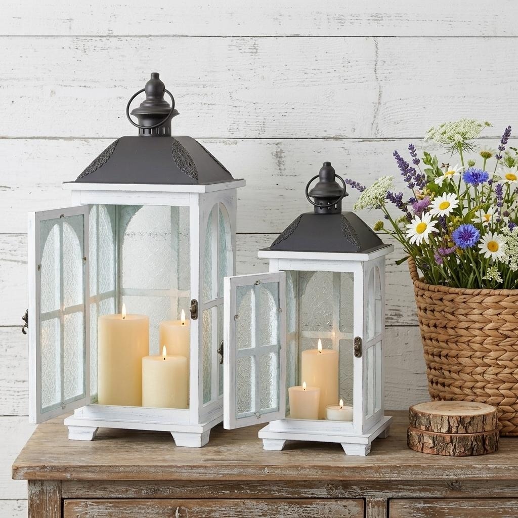 Set of Two White And Black Distressed Ornate Glass Wood And Metal Floor Lantern Candle Holders