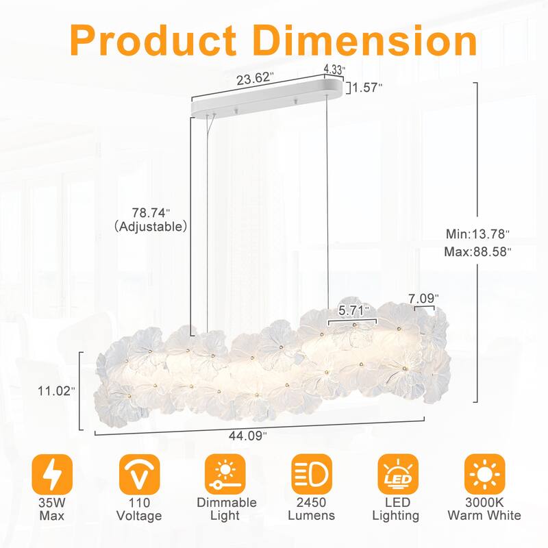 Linear LED Chandelier with Clear & Frosted Glass Petals Dimmable