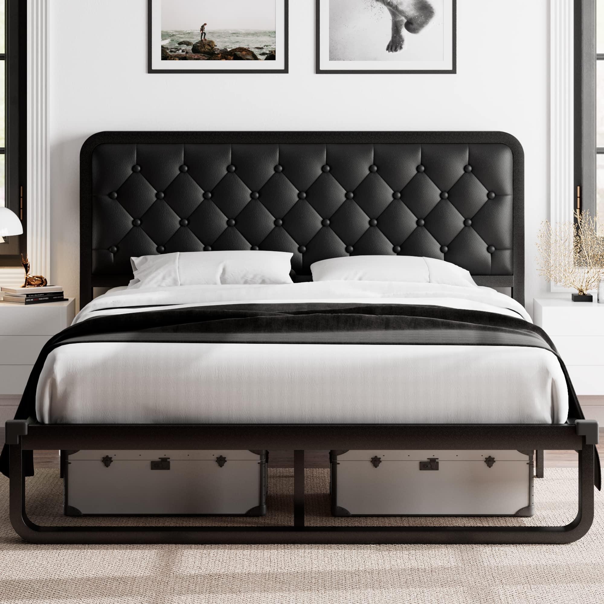 Upholstered bed with metal slats sale