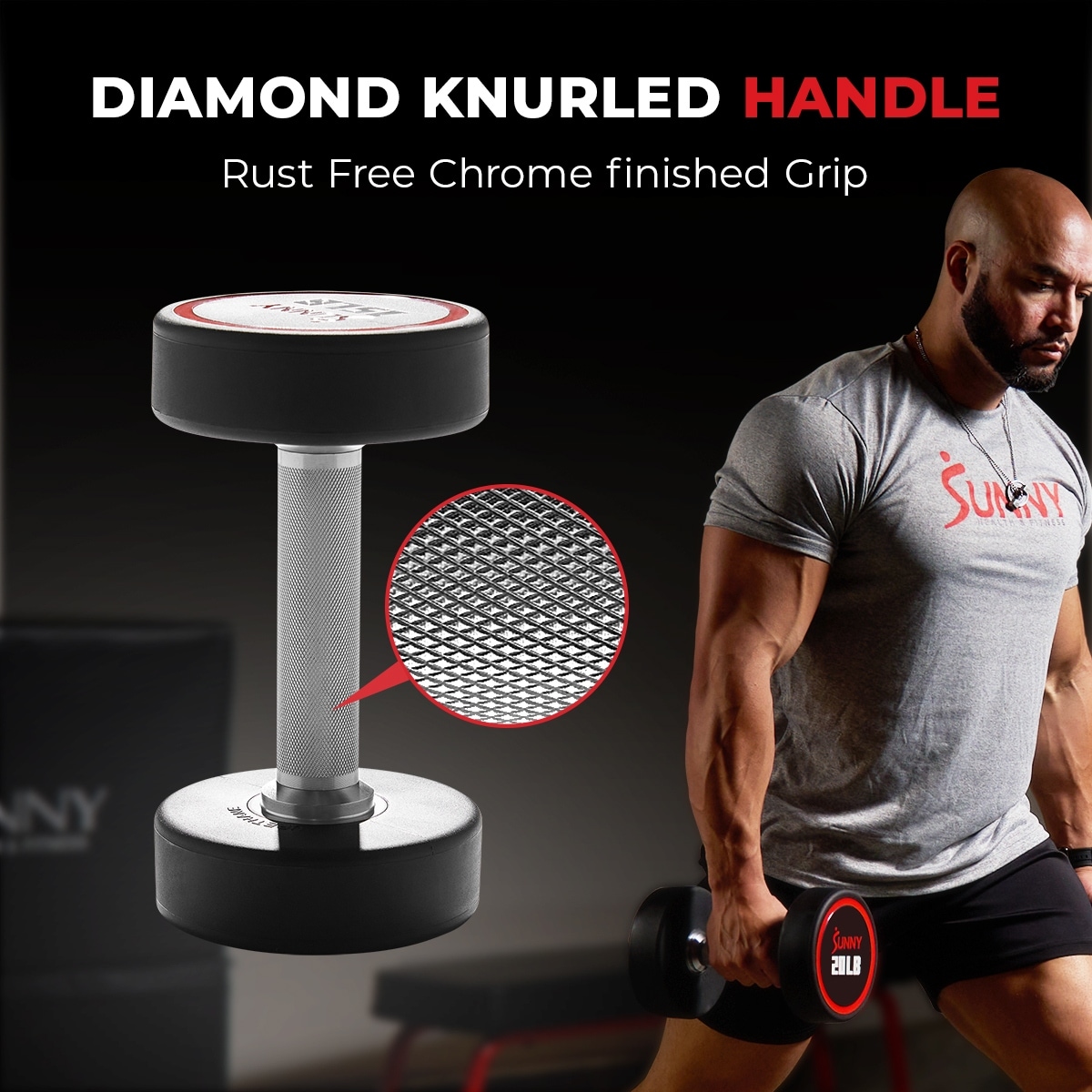 Sunny Health Fitness Premium Polyurethane Commercial Grade Round Dumbbells 50lbs With Diamond Knurled Handle Durable Strength Training Equipment Fo