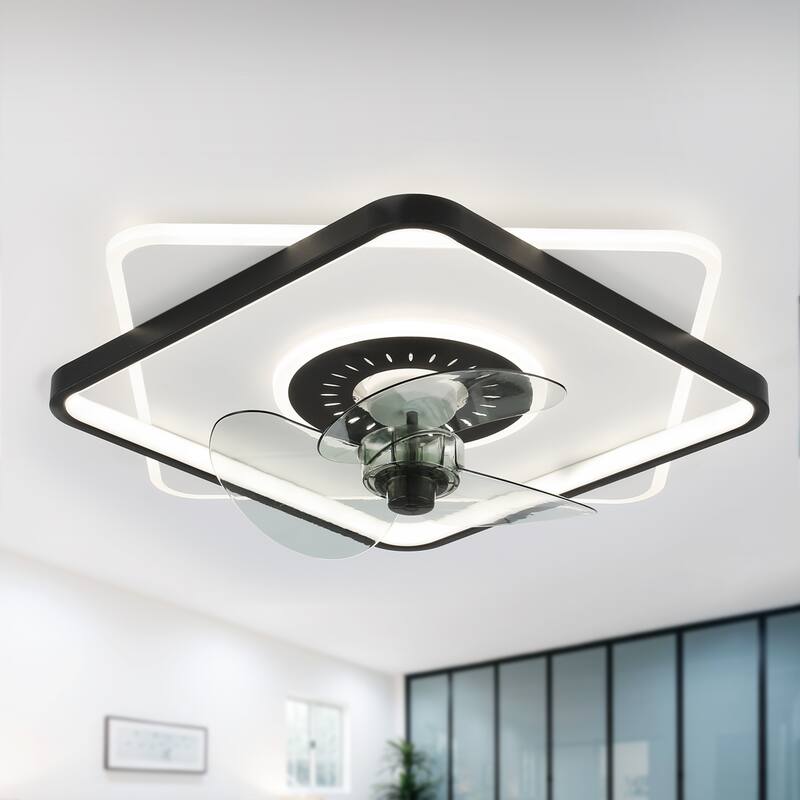 Oaks Aura 20in. Square Low Profile Ceiling Fan with Light, Flush Mount Remote Control Ceiling Fan for Bedroom - Black - Black - Remote
