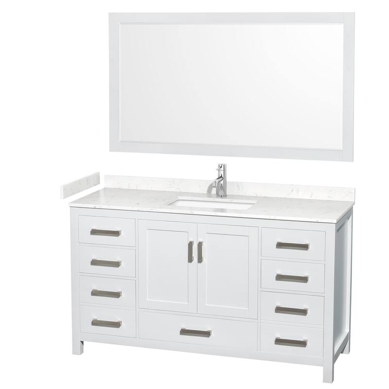 Sheffield Bathroom Vanity Set, Cultured Top, 58-Inch Mirror - 60-Inch Single - White, Carrara Cultured Marble Top, Chrome Trim
