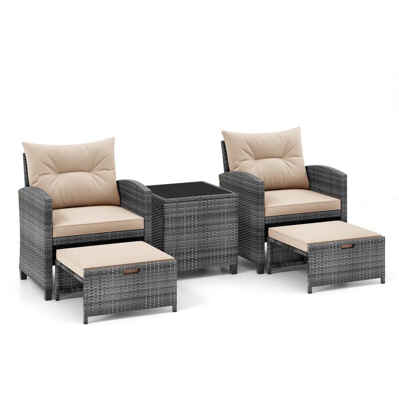 Gymax 5PCS Rattan Furniture w/ 2 Ottomans & Tempered Glass Coffee - Brown