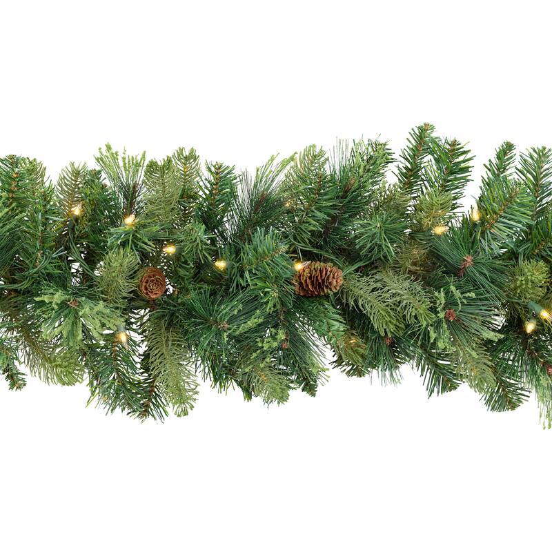 Pre-Lit Flocked Mixed Pine and Pine Cones Artificial Christmas Garland - 9' x 14" - Clear Lights