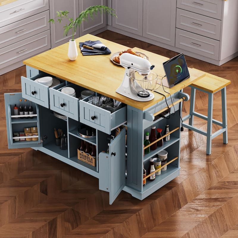 53″ Kitchen Island Cart with Power Outlet and Two Bar Stools