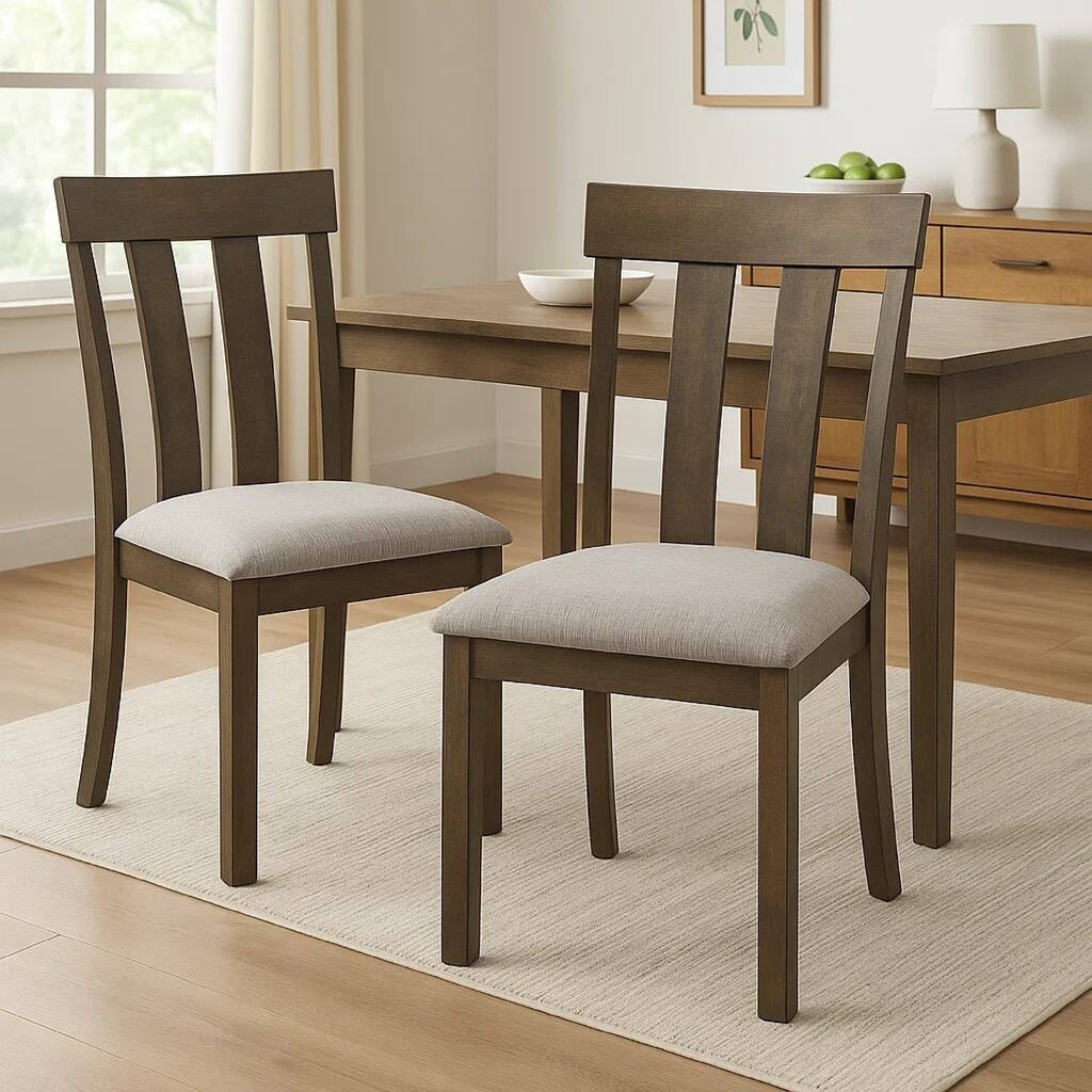 Omal Set of 2 Dining Chairs, Brown Wood Slatted Back, Gray Fabric Seat