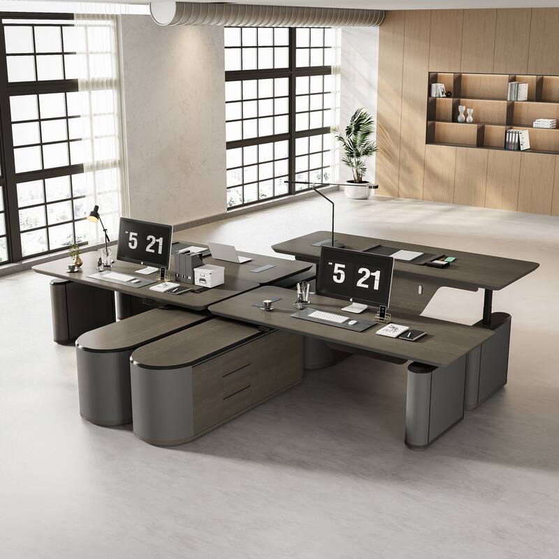 WESOME Sit & Stand Adjustable Height Reversible L Shaped Executive Desk with File Cabinets Drawers Universal Charging Ports