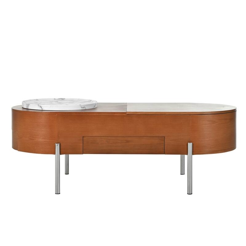 47.2" Lift Top Coffee Table with 360° Rotating Tray - Marble-Patterned Modern Oval Table with Hidden Compartment for Living Room