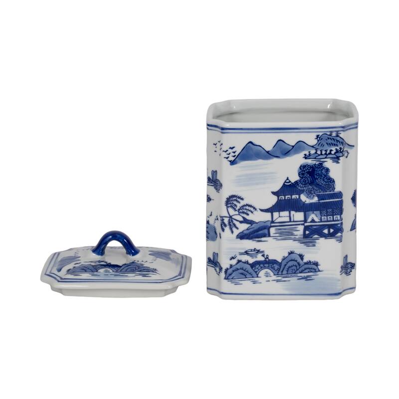 Rectangular Chinoiserie Ceramic Table Jar with Lid