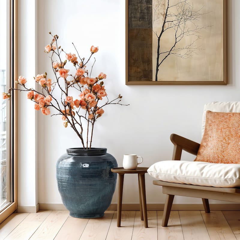Rippled Blue with Brown Round Ceramic Vase, Home Decor Tabletop & Floor Accent