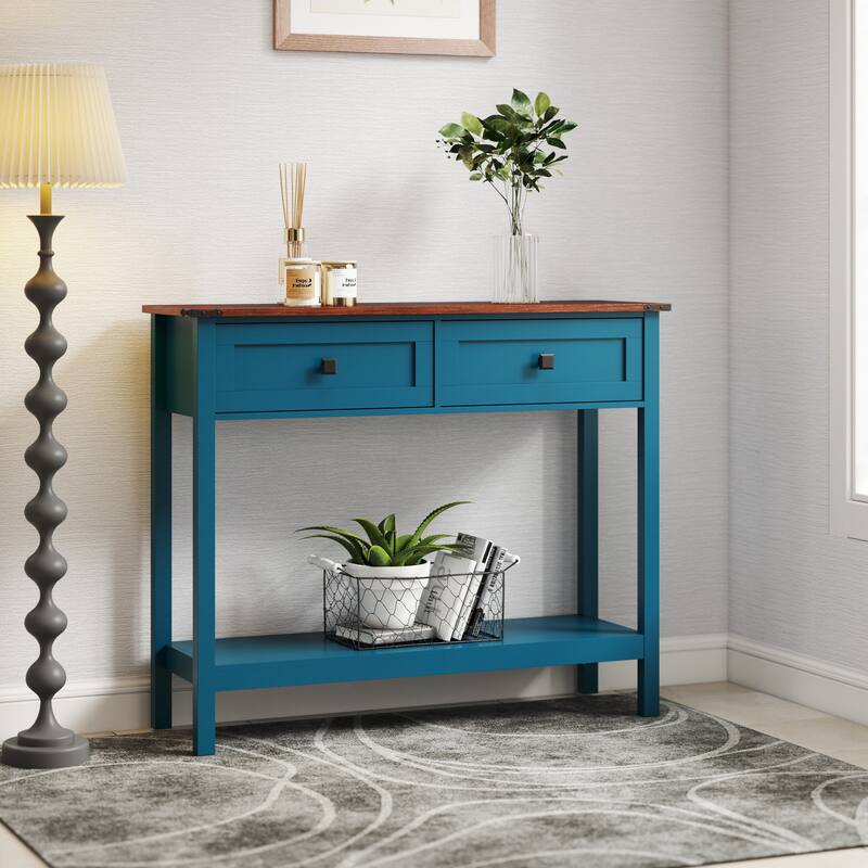 Farmhouse Console Table with 2 Drawer and Open Storage Shelf for Entryway Rustic 39.37" Wood Side Table Sofa Tables Behind Couch