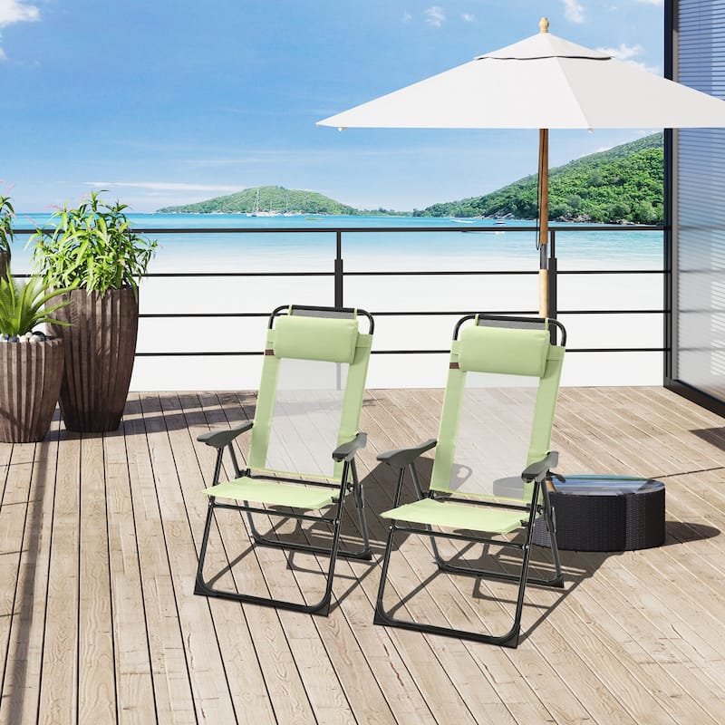 Outdoor Folding Patio Chairs Set of 2 with Adjustable Sling Back, Camping Chair with Removable Headrest for Beach, Garden