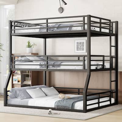 Full/Full Xl Over Full/Full Xl Over Queen Bunk Bed, Metal Triple Bunk Bed With Safety GuardrailsWith Noise-Reduced Design
