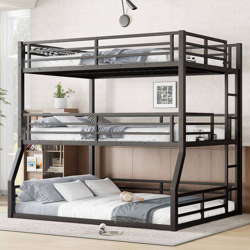 Roomfitters Fullover Full over Queen Metal Triple Bunk Bed with Safety Guardrails, Heavy-Duty Noise-Reduced Frame, Black - Black - Full