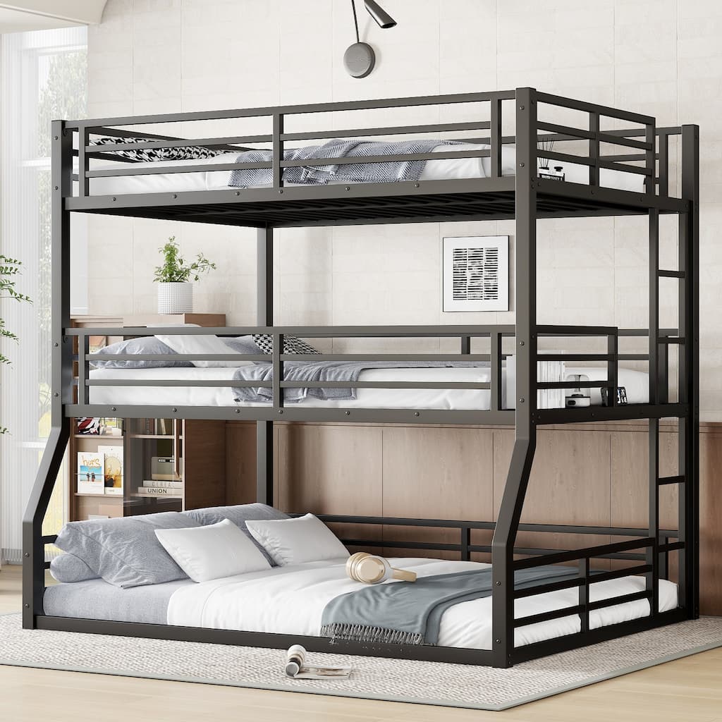 Roomfitters Fullover Full over Queen Metal Triple Bunk Bed with Safety Guardrails, Heavy-Duty Noise-Reduced Frame, Black