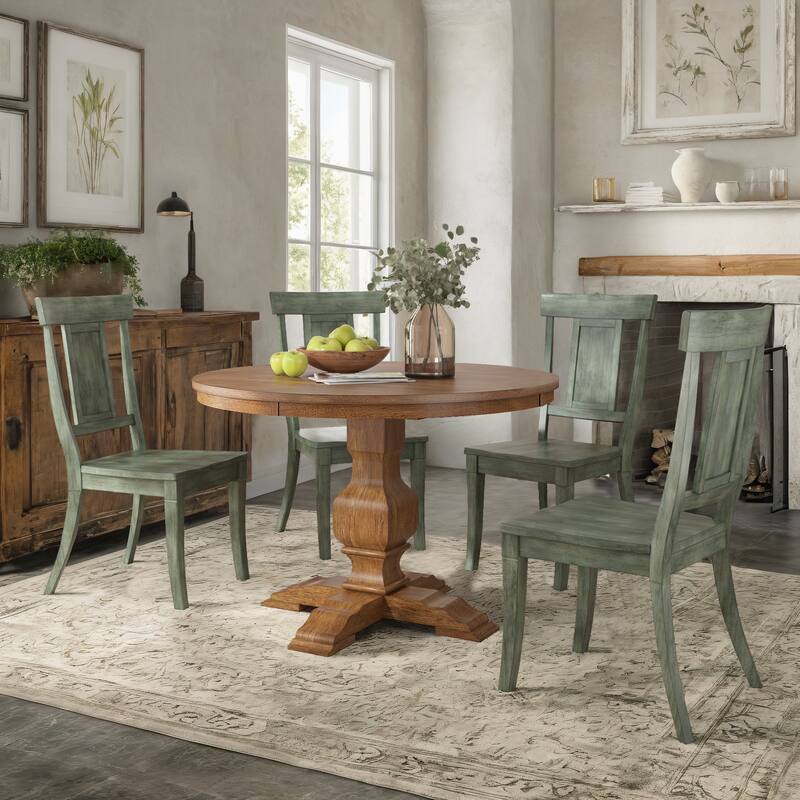 Ronda 45" Round Solid Wood Top Dining Set with Panel Back Chairs - Oak Table - Antique Sage Green Chairs