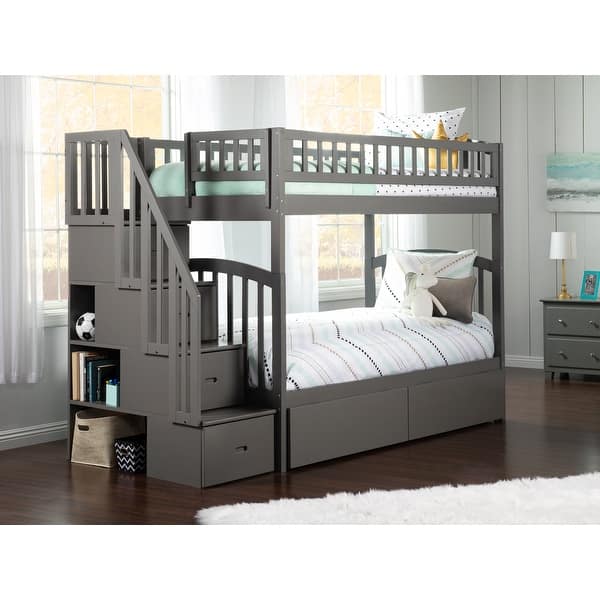 slide 2 of 9, AFI Westbrook Twin over Twin Size Staircase Bunk Bed with Bed Drawers & Charging Station in Grey Grey - Twin