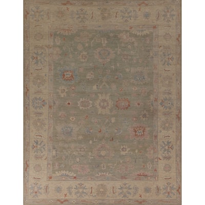 Green Floral Oushak Vegetable Dye Area Rug Handmade Wool Carpet - 8'2" x 9'9"