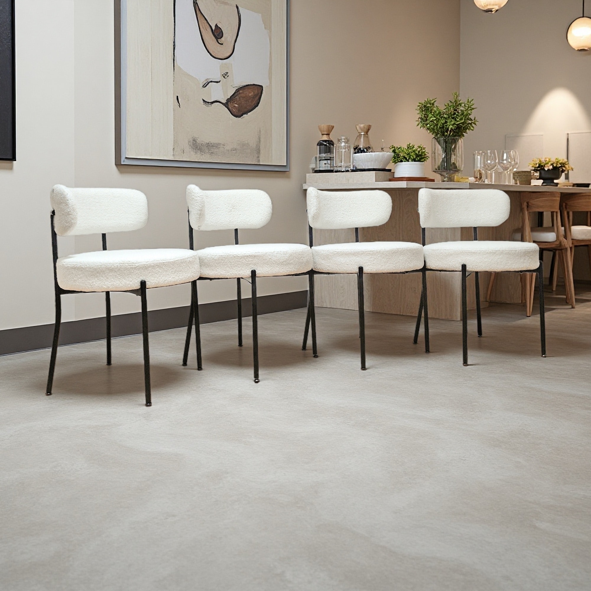 Upholstered Dining Chairs Set of 4 with Round Barrel Backrest and Metal Legs