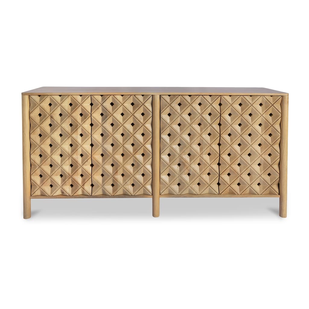 NADAAL STUDIOS Talric Sideboard, Hand-Carved Dimensional Front in Solid Mango Wood with Push-to-Open Doors, Natural