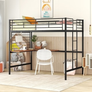 Full Size Metal Loft Bed with Integrated Desk and Decorative Grid ,Sturdy Construction, Clean-Line Design