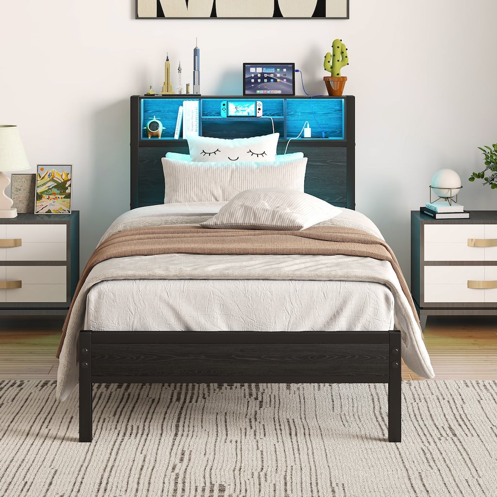 LED Twin Bed Frames Metal Platform Bed with Charging Station and Bookcase Storage