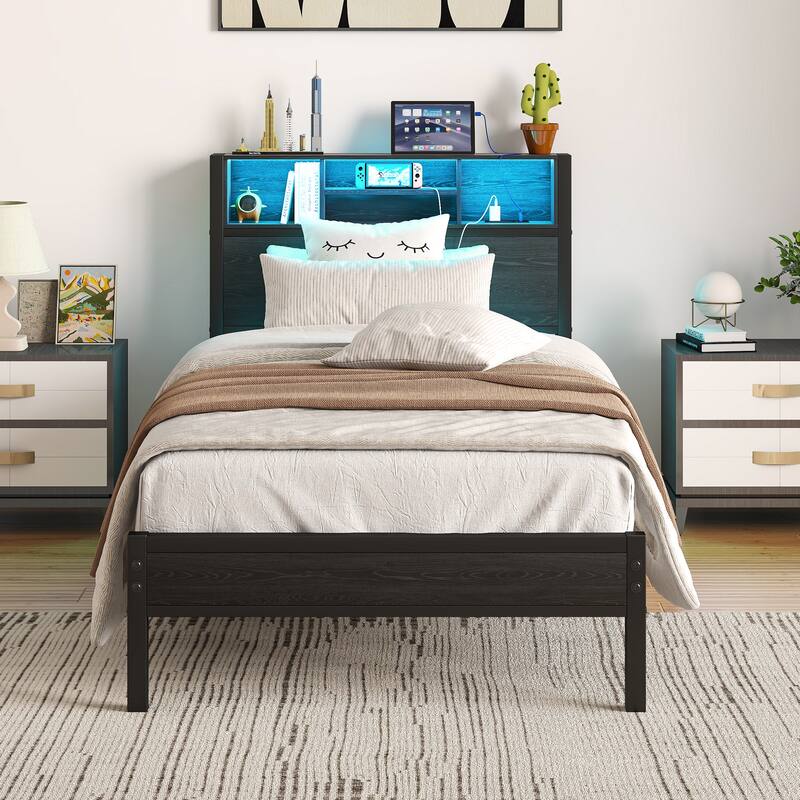 Metal Platform Bed with Storage Headboard and LED Light - Black - Twin