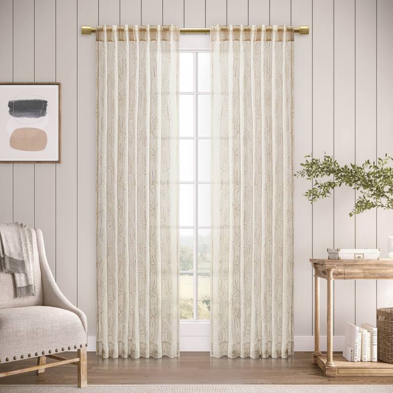 Gorgeous Sheer Leaf Embroidered Rod Pocket W Back Tab Panel - 52"W x 63"L - Oatmeal