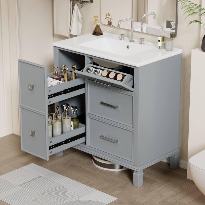 Freestanding Bathroom Vanity with Drop-In Rectangular Ceramic Sink, Flip-Out Drawer, Soft-Close Drawers and Solid Wood Legs