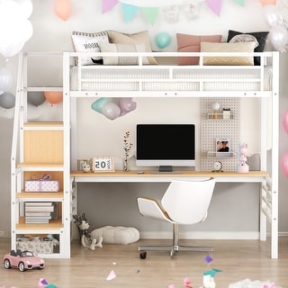 Full Metal Loft Bed with Desk, Storage Stairs, and Wardrobe