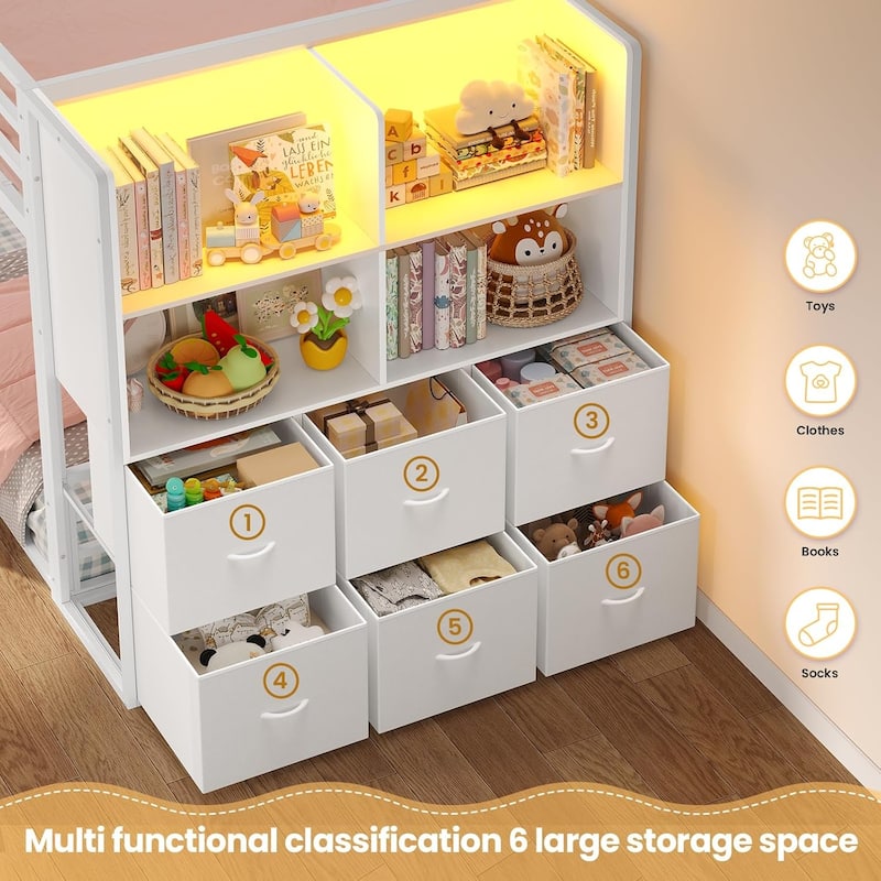 Twin Size Low Loft Bed 6 Fabric Storage Drawers LED Lights Twin Over Twin Bunk Bed