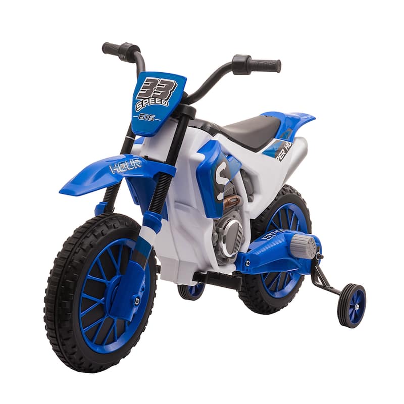 Motorcycle Dirt Bike Electric Battery-Powered Ride-On Toy Off-road Street Bike with Charging Battery, Training Wheels Blue