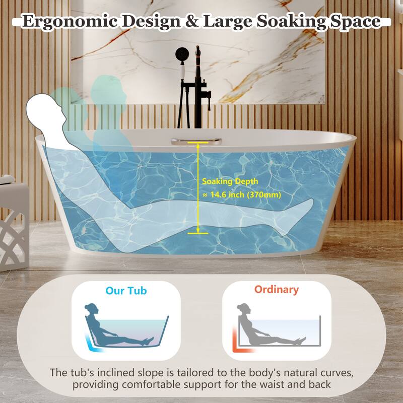 63 in. x 30 in. Solid Surface Stone Resin Freestanding Soaking Bathtub in. White with Tub Grab Bar and Drain Assembly